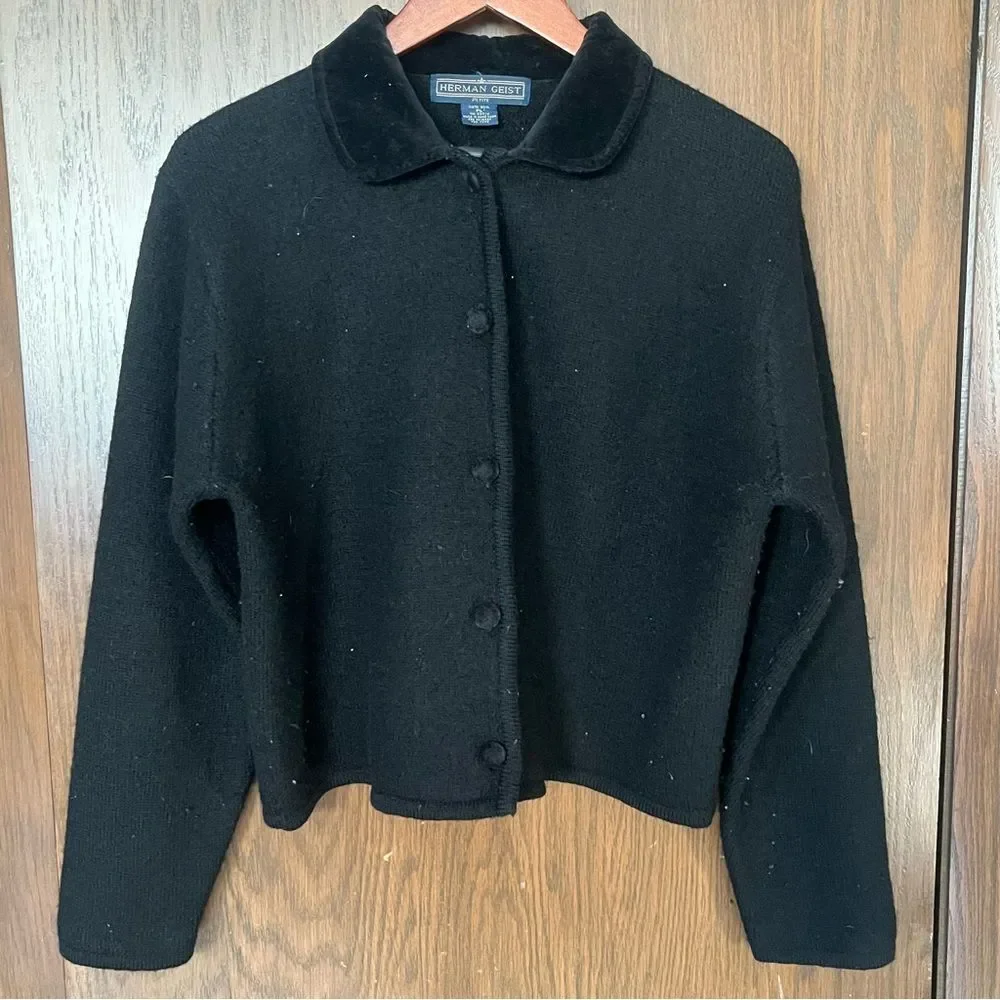 Vintage Herman Geist Black wool blend cardigan jacket with a velvet collar